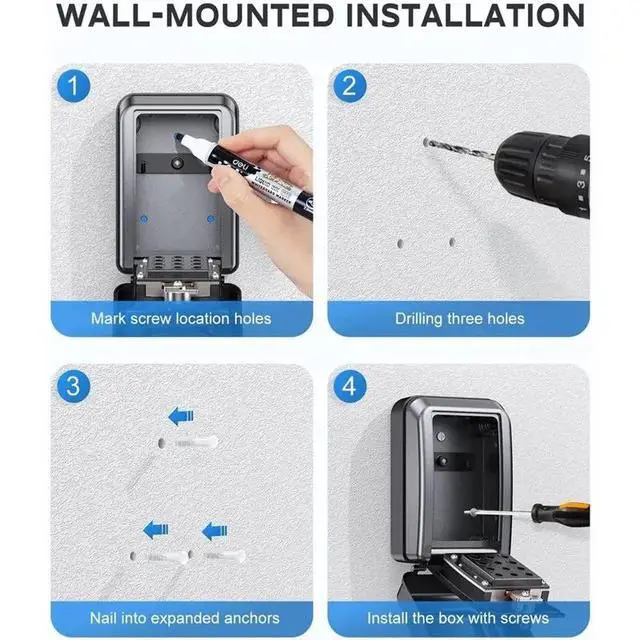 Alt view image 3 of 3 - Weatherproof Wall-Mounted Key Lock Box, 12 Digit Combination Lock Box For Keys With Code, Large Capacity Outdoor Lockbox