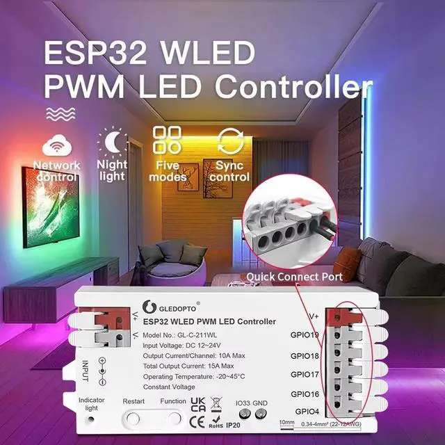 Alt view image 3 of 6 - PWM WLED LED Controller 5 Modes in 1 DC 12-24V App Control for RGBCCT RGBW RGB WWCW CCT Dimmer Strip Light