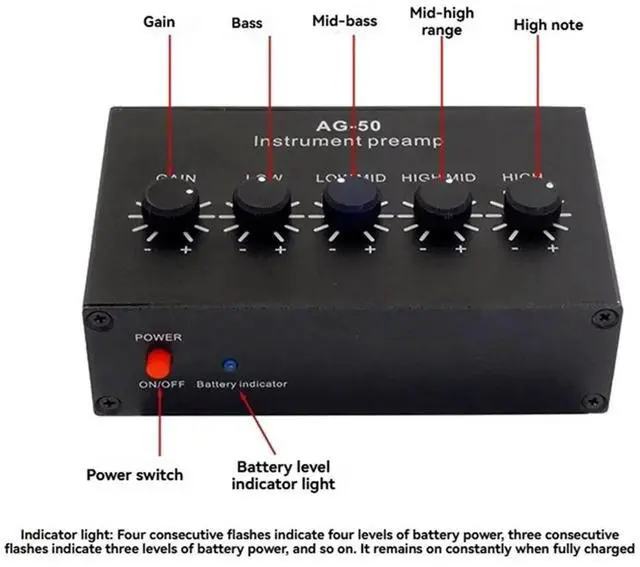 Main image of -50 Instrument Pre-Amplifier 4-Band Equalizer 6.35mm TR 3.5mm TRS Rechargeable Pre-Amplifier for Piezoelectric Pickups