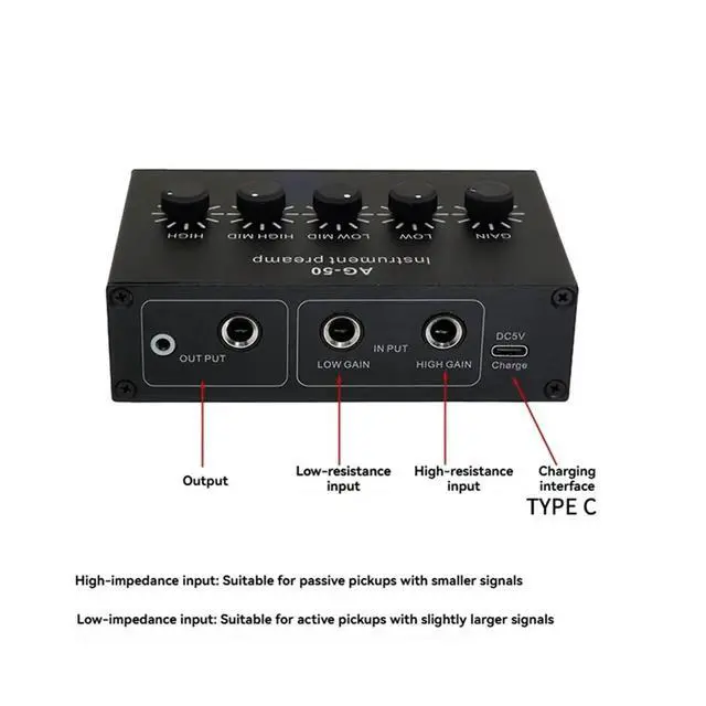 Alt view image 2 of 6 - -50 Instrument Pre-Amplifier 4-Band Equalizer 6.35mm TR 3.5mm TRS Rechargeable Pre-Amplifier for Piezoelectric Pickups