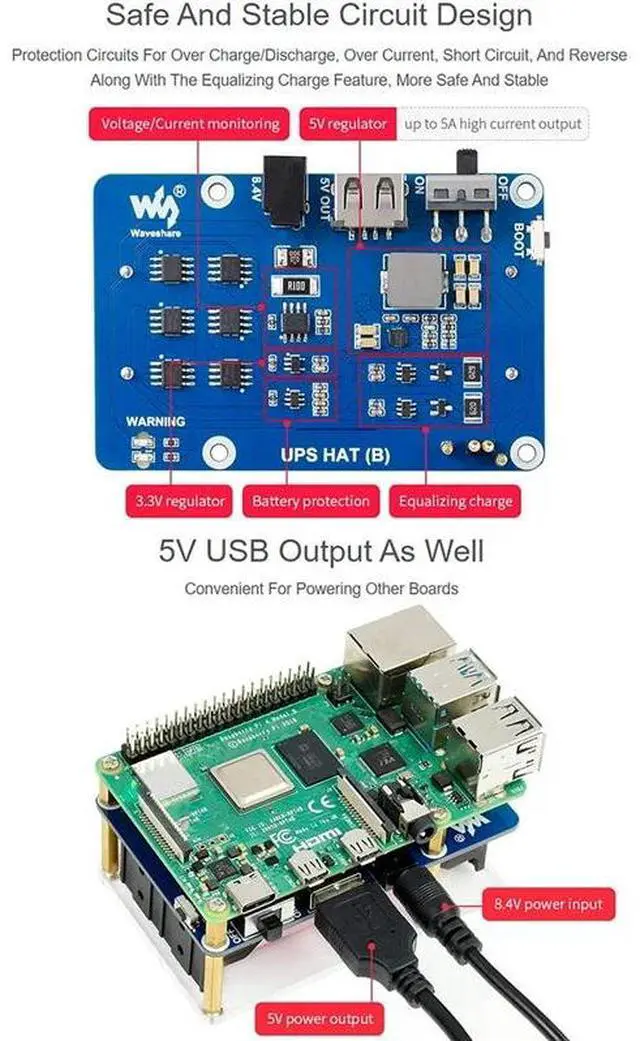 Alt view image 2 of 3 - Waveshare 5V Uninterruptible Power Supply UPS Module HAT Kit For RPI Raspberry Pi 3 3B Plus 4 Model B 4B EU Plug-AAAE
