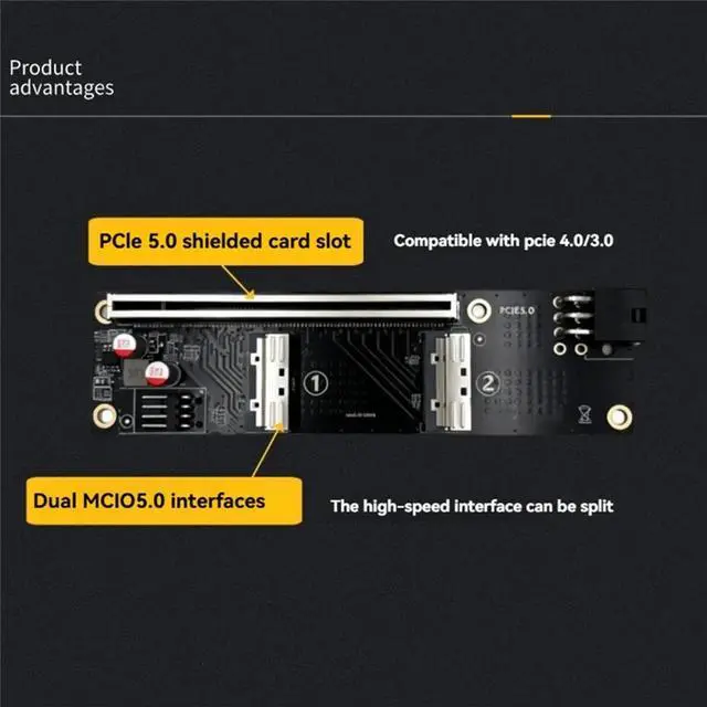 Alt view image 2 of 6 - 2 Port MCIO 5.0 to PCI-E 5.0 X16 Adapter Card with GPU 6Pin Power Port for Graphics Card Server