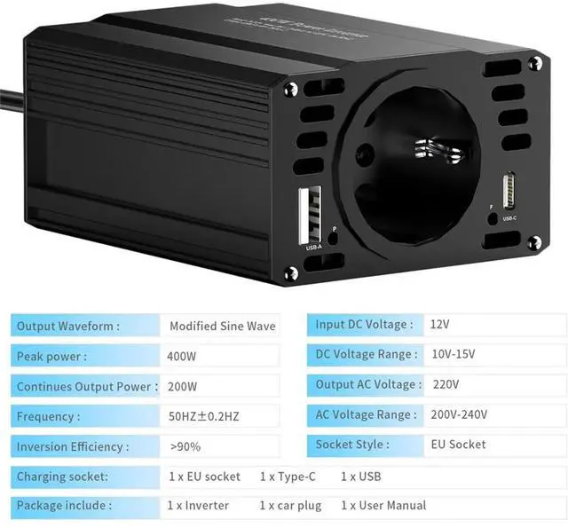 Alt view image 2 of 3 - DC12V to AC 220V 50HZ Modified Wave Inverter Solar Car Power 400W Voltage Converter TYPE-C USB EU
