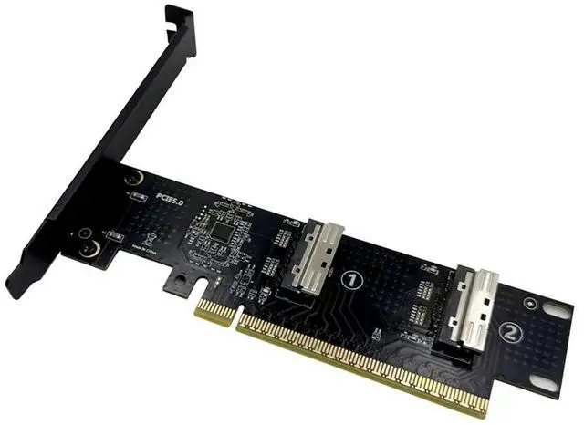 Alt view image 3 of 3 - 2 Port MCIO 8i 5.0 to PCI-E 5.0 X16 Adapter Card with 2U Baffle for Graphics Card Server
