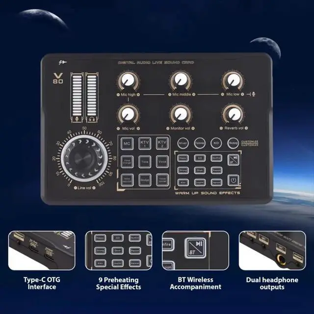 Alt view image 2 of 3 - V80 Live Streaming Sound Card Audio Recording Professional Sound Card Mixer with DJ Mixer Voice Changer Audio Effects