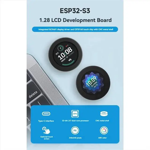 Main image of - Development Board with 1.28Inch Round Touch LCD Display 240X240 Gyroscope Sensor with CNC Case