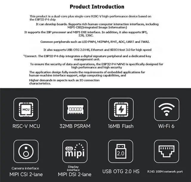 Main image of -P4-NANO Development Board -P4 RISC-V MCU Wi-Fi 6 Bluetooth 5 BLE -P4-NANO