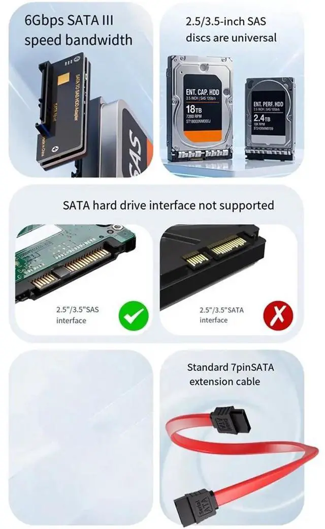 Main image of 512-Sector 29PinSAS-to-SATA3.0 Adapter Board Supports 2.5"/3.5" Desktop Drives 6Gbps with 7pin SATA Extension Cable