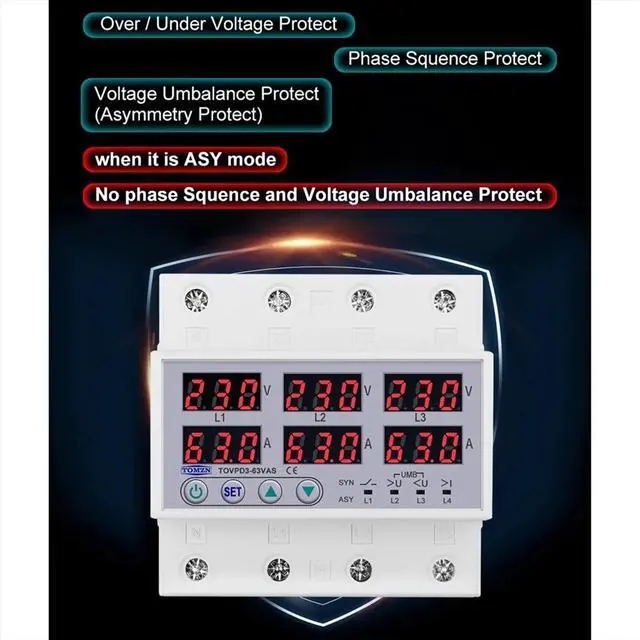 Alt view image 3 of 3 - Din Rail 63A over Under Voltage Current Limit Protection Relay Protector ASYNC Synchronous Asynchronous