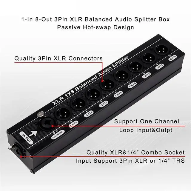 Alt view image 3 of 3 - XLR 1x8 Balanced Audio Splitter 1 in 8 Out 3 Pin XLR Audio Splitter Audio Signal Splitter Box One Loop Output Audio Box