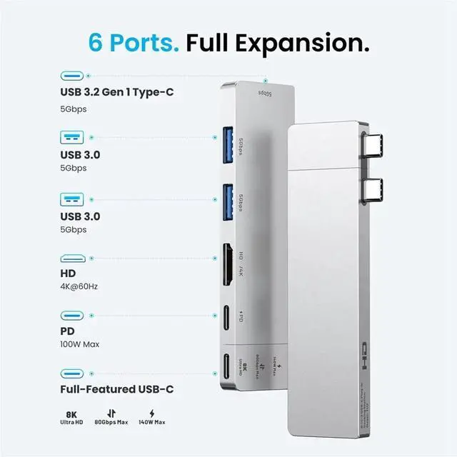 Main image of USB C Plug-in Hub 6 in 2 4 80Gbps 8K Dock Station for Pro Air USB 3.0 HUB -Compatible 4K60Hz