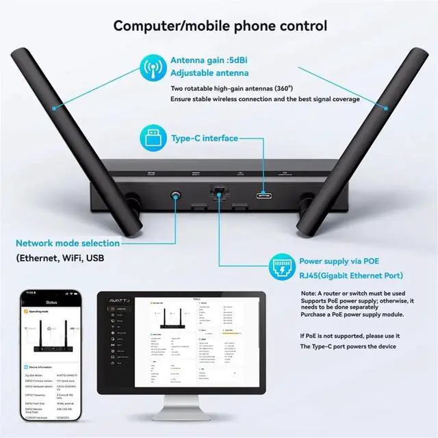 Alt view image 2 of 3 - Zigbee/Thread PoE Gateway with Dual 5dBi Antenna Support Ethernet Wi-Fi USB Connection for Home Assistant