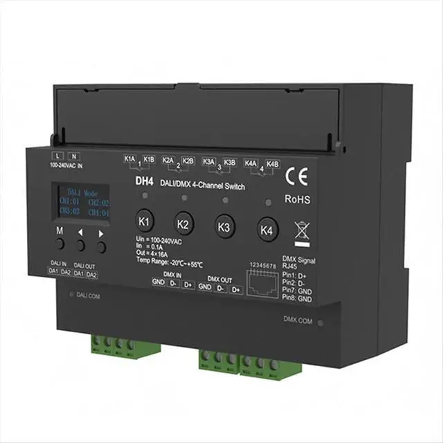 Alt view image 2 of 3 - For 4-Channel Switch With OLED Display Screen Relay 4CH Dry Contact Output 4 Address -RDM Din Rail 100-240VAC
