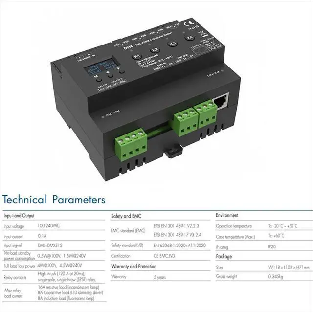 Alt view image 3 of 3 - For 4-Channel Switch With OLED Display Screen Relay 4CH Dry Contact Output 4 Address -RDM Din Rail 100-240VAC