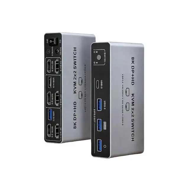Alt view image 2 of 3 - 8K DP+-Compatible KVM 2x2 Switch Dual-Screen 2-in-2-Out Switcher for Laptop/PC Share Monitor Keyboard Mouse EU Plug