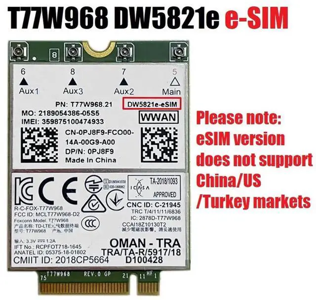 Main image of T77W968 DW5821e E-SIM 4G LTE Module CAT16 1Gbps FDD-LTE TDD-LTE E-SIM 4G Card Module Kit 5420 5424 7424 7400