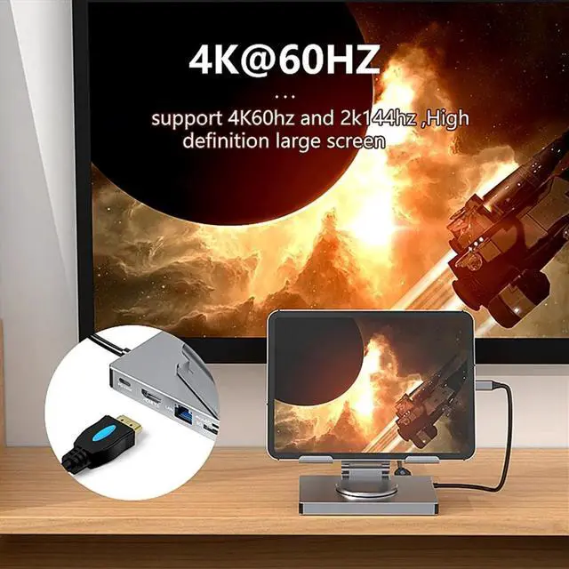 Main image of 9 in 1 USB C Hub with 360° Rotating Stand -Compatible 4K60Hz PD 100W USB 5Gbps SD TF Aux 3.5mm for Pro Tablet
