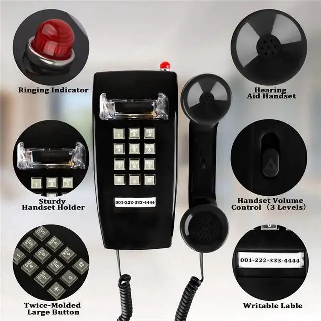 Alt view image 2 of 3 - Classic Wall Phones for Landline with Mechanical Ringing, Single Line 2554 Wall Telephone with Voicemail Indicator,Black
