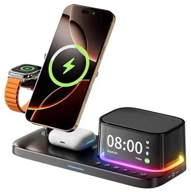 Main image of 5 In 1 Charging Station With Bluetooth Speaker And Alarm Clock & Night Light, Fast Stand For Smartphone