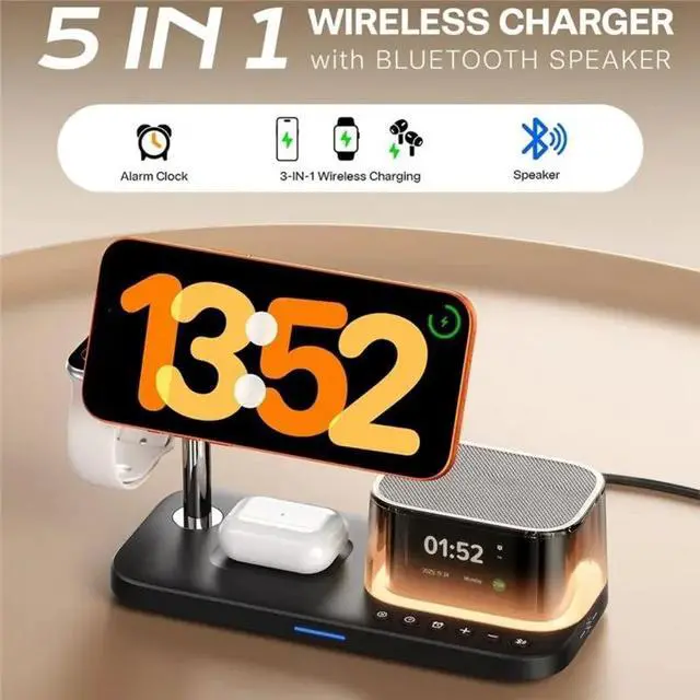 Alt view image 2 of 3 - 5 In 1 Charging Station With Bluetooth Speaker And Alarm Clock & Night Light, Fast Stand For Smartphone