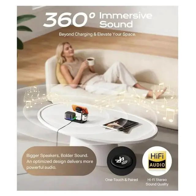 Alt view image 3 of 3 - 5 In 1 Charging Station With Bluetooth Speaker And Alarm Clock & Night Light, Fast Stand For Smartphone