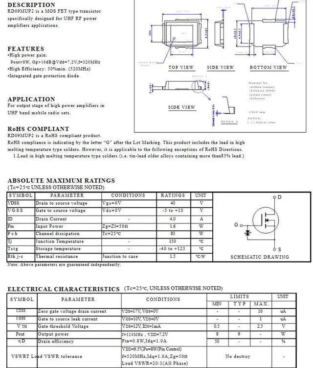 Main image of RD09MUP2 Silicon MOSFET Power Transistor, 520MHz, 8W