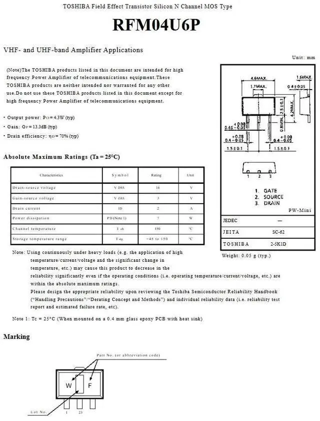 Main image of 20/PCS RFM04U6P Marking WF SOT-89 VHF- and UHF-band Amplifier Applications