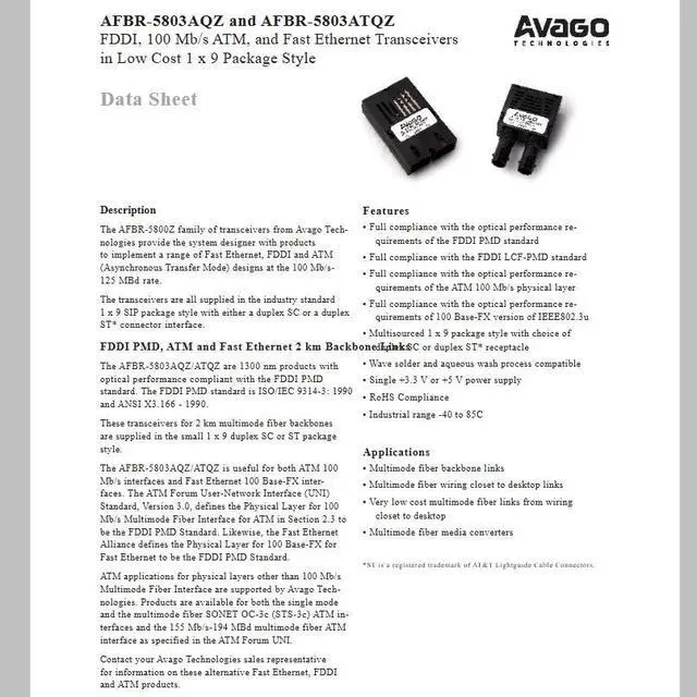Main image of AFBR-5803 AFBR-5803ATQZ ZIP9 Fiber Optic Receiver Transmitter
