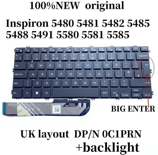 Main image of 100%UK layout For Inspiron 5480 5481 5482 5485 5488 5491 5580 5581 5585 Laptop Keyboard with backlight C1PRN
