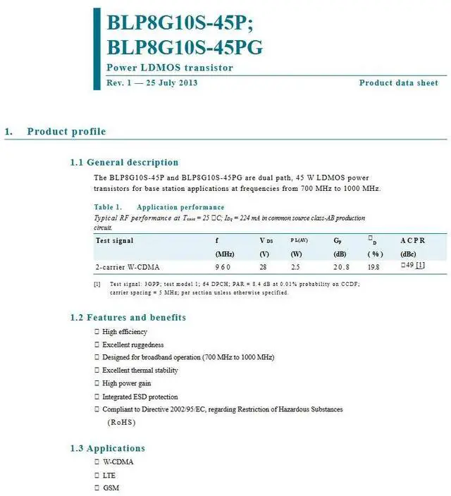 Main image of BLP8G10S-45P 700-1000Mhz 45W Power LDMOS transistor RF power amplifiers
