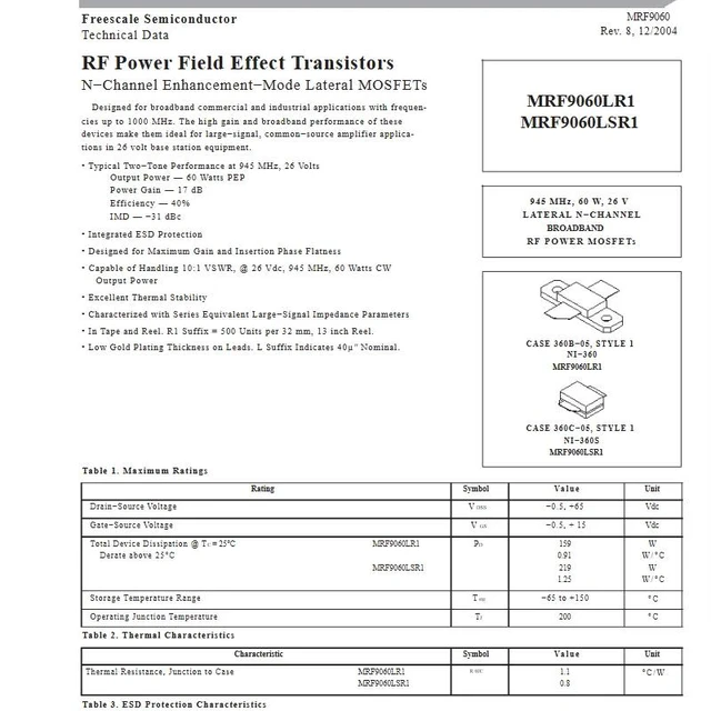 Alt view image 3 of 3 - MRF9060LR1 MRF9060 MRF9060L 945MHZ 60W RF Power Field Effect Transistors NChannel EnhancementMode Lateral MOSFETs