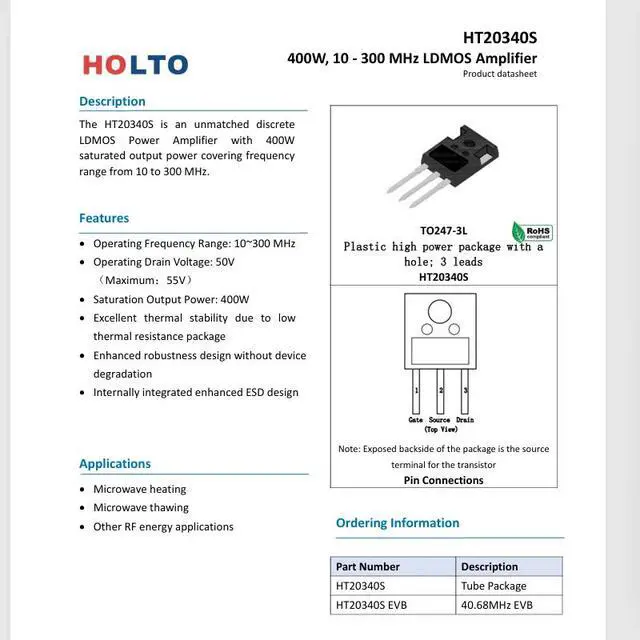 Alt view image 4 of 4 - HT20340S TO247-3L 400W 10- 300MHzL DMOS Amplifier