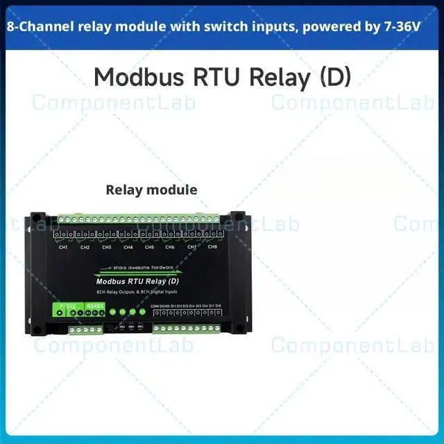 Alt view image 2 of 4 - Industrial Modbus RTU 8 Channel RS485 Relay Module Switch Input 7-36V Power Supply