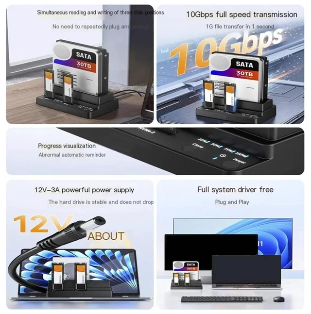 Alt view image 2 of 3 - M.2 NVMe/2.5/3.5" SATA SSD Docking Station USB 3.2 Multi-Bay Drive Reader with One-Touch Offline Cloning