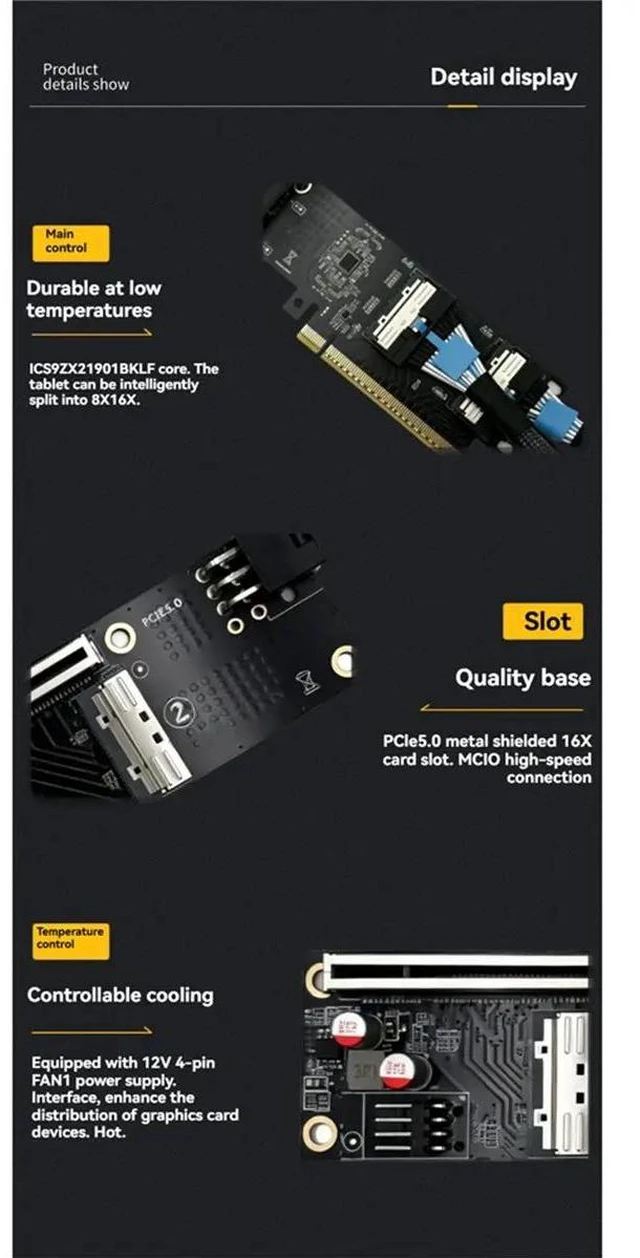 Alt view image 2 of 3 - 2 Port MCIO 5.0 to PCI-E 5.0 X16 Adapter Card with MCIO Cable with MCIO to PCIE X16 Baseboard for Graphics Card Server