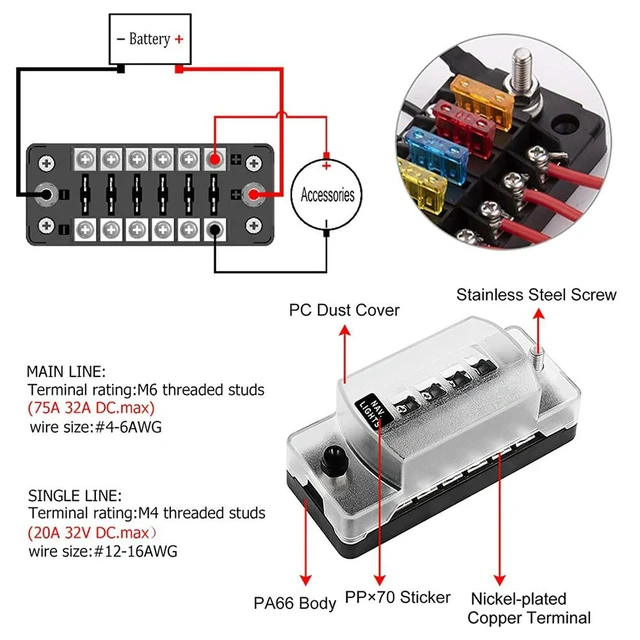 Alt view image 3 of 3 - 6 Way Fuse Block Blade Fuse Box With Negative Bus - ATC/ATO For Boat Yacht Vehicle Auto RV Car Trailer Truck SUV