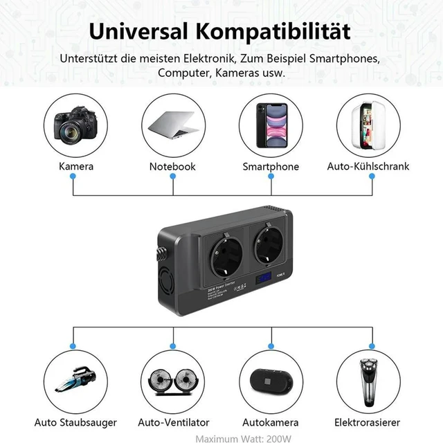 Alt view image 2 of 3 - 200W Car Inverter, Voltage Converter 12V To 220V With Time Display LCD, 2 Sockets And 4 USB Car Chargers (EU Plug)