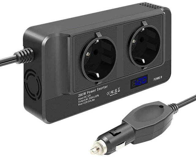 Alt view image 3 of 3 - 200W Car Inverter, Voltage Converter 12V To 220V With Time Display LCD, 2 Sockets And 4 USB Car Chargers (EU Plug)