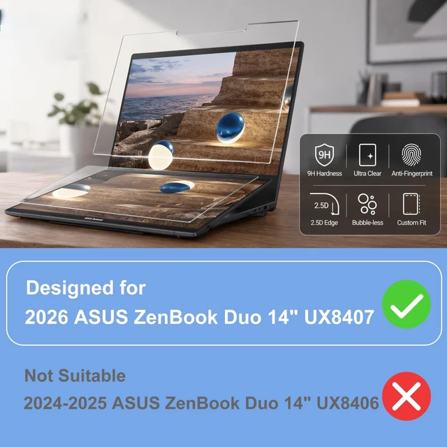 Alt view image 2 of 5 - KEANBOLL 2 Pack Tempered Glass Screen Protector for 2026 ASUS ZenBook Duo 14" UX8407, Ultra Clear, Anti Scratch, Bubble Free (1 Sets - Primary and Secondary Screens)