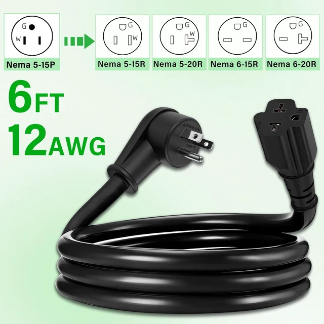 Alt view image 3 of 5 - 6Ft Heavy Duty 15Amp to 20 Amp Plug Adapter Cable,UL 12AWG Right Angle