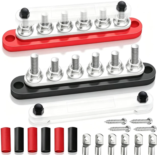 Main image of maierke 250A Bus Bar 12V Marine 6 x 5/16" (M8) Terminal Studs 12V-48V Power Distribution Block with Cover,with 6PCS Battery Lugs and 6PCS Heat Shrink Tubing Busbar for Boat Automotive Car
