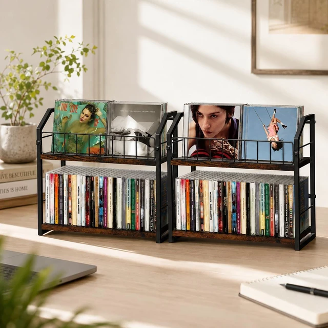 Main image of CD Storage Rack, 2 Tier CD holder & Display, 120 Capacity- Brown 2 Pack