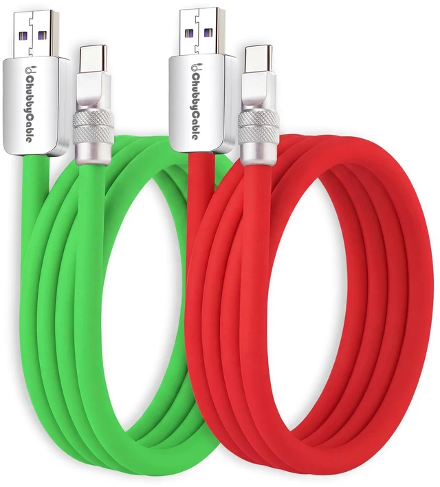 Main image of chubbycable 120W Silicone USB A to C Cable, 2 Pack, Green+Red, 4.9FT