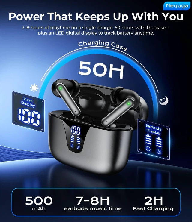 Alt view image 2 of 5 - Wireless Earbuds, 50H Playtime Bluetooth Headphones, LED Display Case