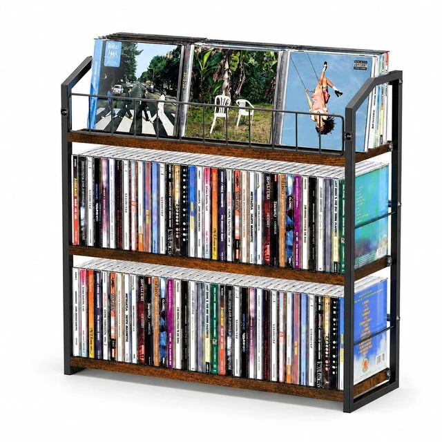 Main image of CD Storage Rack, 3 Tier CD holder with Display Rack, Holds 123 Cases-Walnut