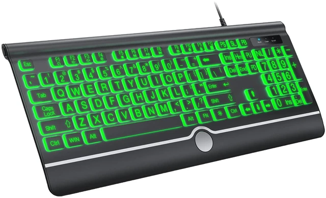 Main image of KOPJIPPOM USB Wired Keyboard with Large Print Backlit Keys, 7 Color LED Backlight, Ergonomic Wrist Rest, Spill-Resistant Design, Full-Size Computer Keyboard with Number Pad for PC Desktop Laptop