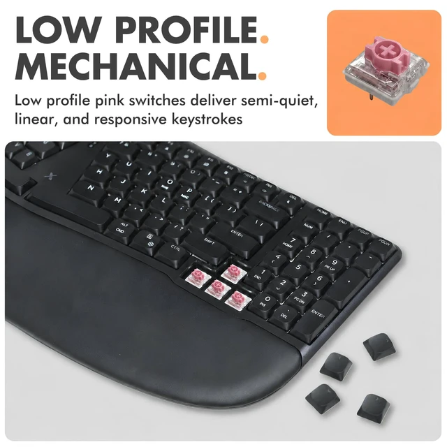 Alt view image 4 of 5 - X9 Performance Wireless Mechanical Ergonomic Keyboard - (BT + 2.4G + Wired) - Wireless Mechanical Split Ergonomic Keyboard - Built-in Wrist Cushion, Pink Switch, Backlit, Rechargeable -
