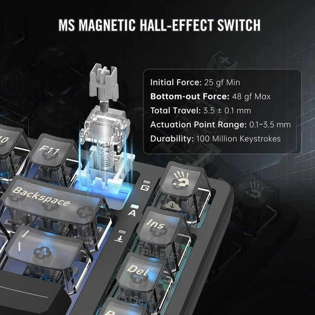 Alt view image 3 of 5 - Bloody MS76 Hall Effect Magnetic Gaming Keyboard Exact Reset System Analog Control 82 Key RGB Wired (Stellar Black)