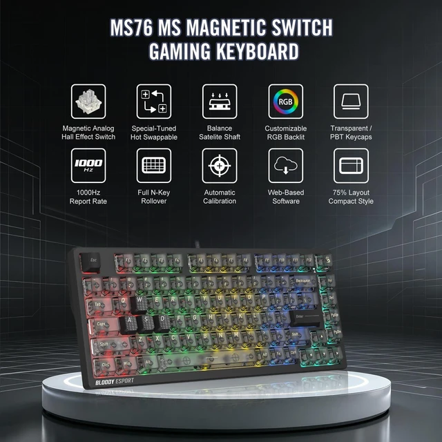 Alt view image 2 of 5 - Bloody MS76 Hall Effect Magnetic Gaming Keyboard Exact Reset System Analog Control 82 Key RGB Wired (Stellar Black)