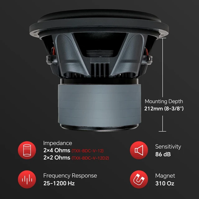 Alt view image 4 of 5 - Audiopipe 12" Quinta Stack Composite Cone Subwoofer (TXX-BDC-V-12), Superior Performance, 2400W, 5 Magnets, BASV Voice Coil, Aluminum Basket, Weaved Tinsel Leads, Multi-Connect Terminals, 2 * 4 Ohms